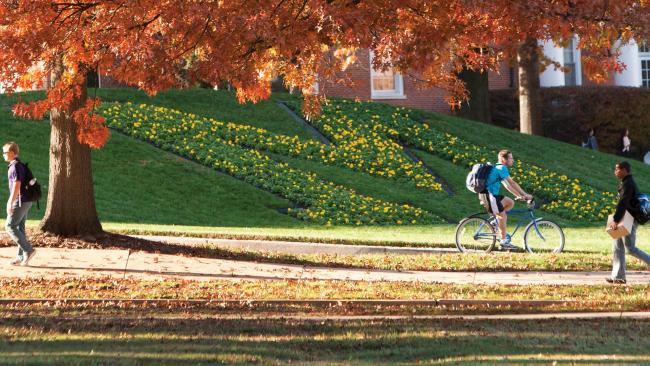 Fall view of M circle with autumn leaves in the foreground and students walking in the background
